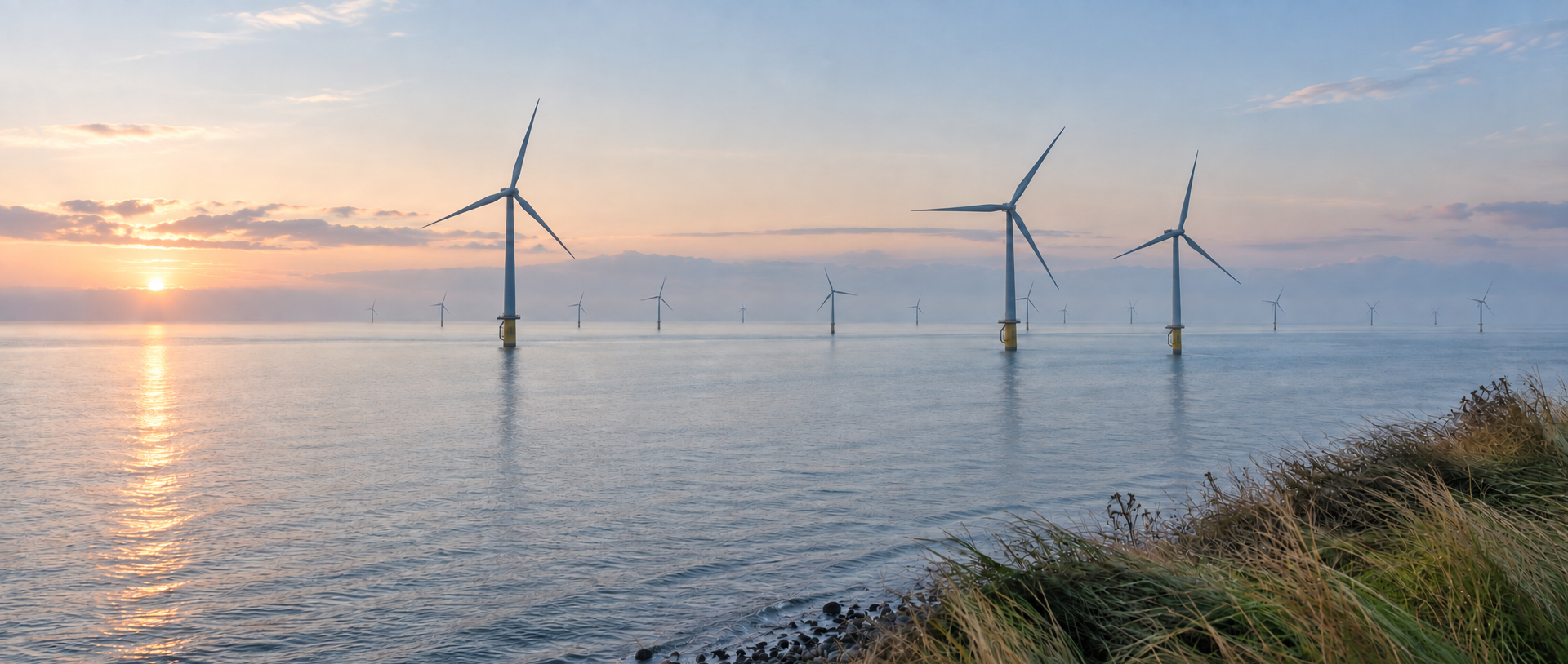 Offshore wind turbines in calm coastal water at sunrise